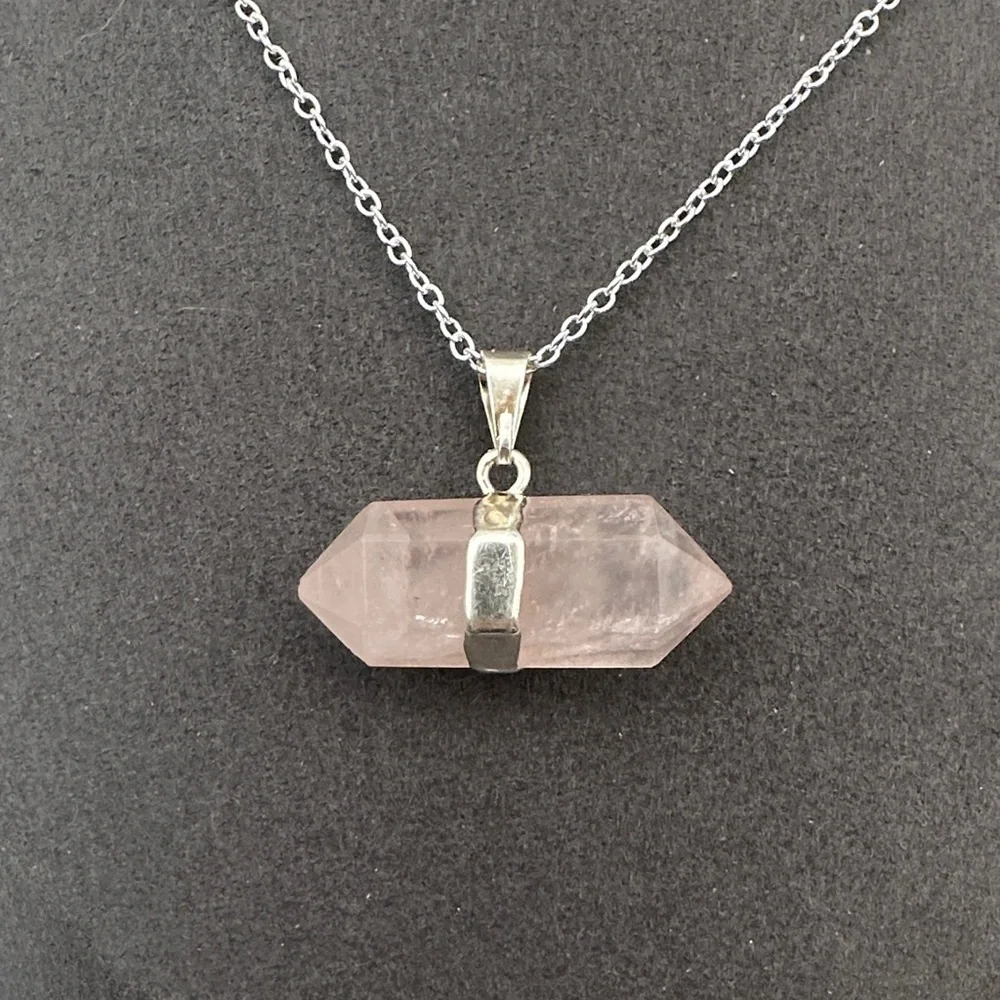 Double Terminated Rose Quartz Pendant on Silver Box Chain - Picture 3 of 8